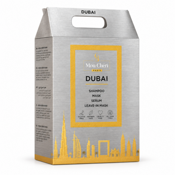 מארז DUBAI לשיער MON CHÉRI עם שמפו מסכה סרום ומסכה ללא שטיפה