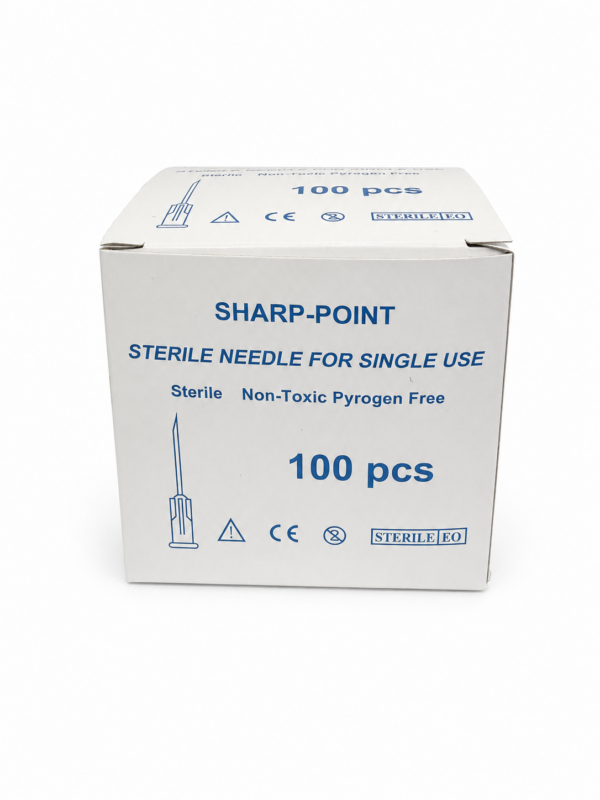 אריזת 100 מחטים היפודרמיות סטריליות 25G בגודל 0.5×16 מ״מ