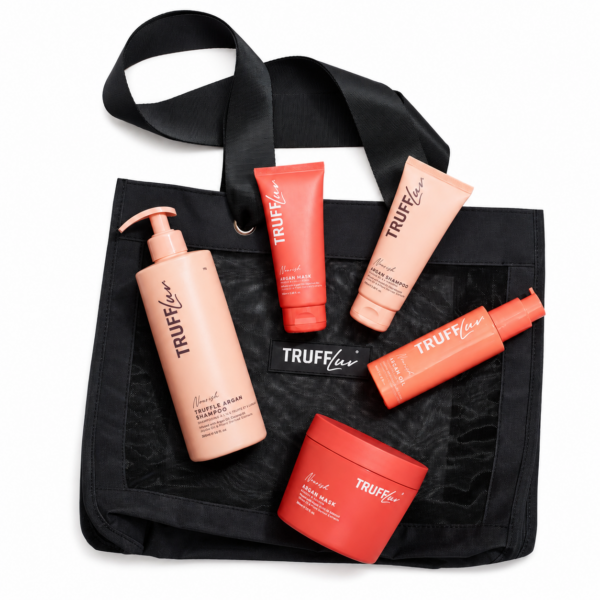 מארז Beach Bag ארגן TRUFFLUV עם שמפו מסכה וסרום לשיער
