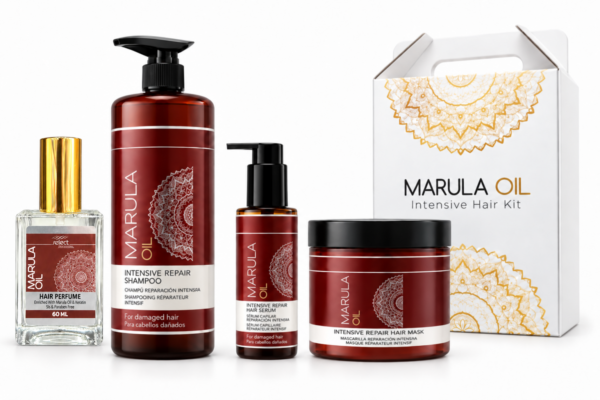 מארז שמן מרולה MARULA OIL עם שמפו 1000 מ״ל מסכה 500 מ״ל סרום 100 מ״ל ובושם לשיער 60 מ״ל
