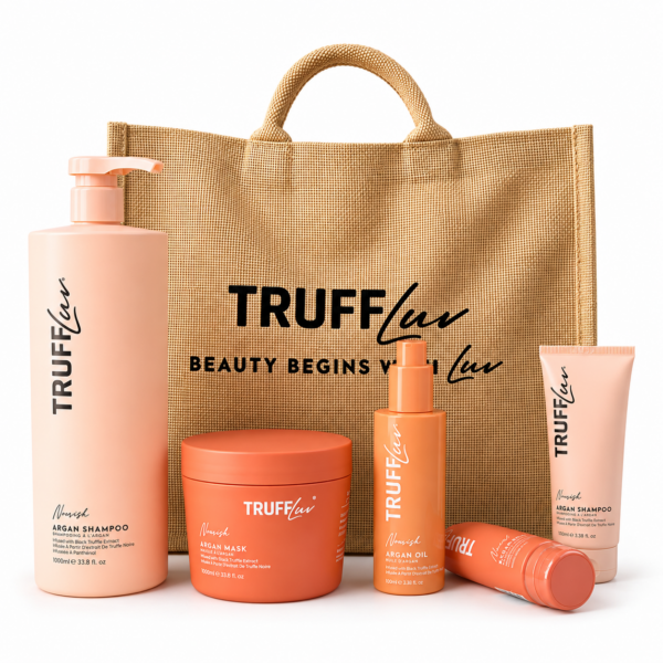 מארז ארגן TRUFFLUV עם שמפו 1 ליטר מסכה 500 מ״ל סרום 100 מ״ל ומוצרי נסיעות
