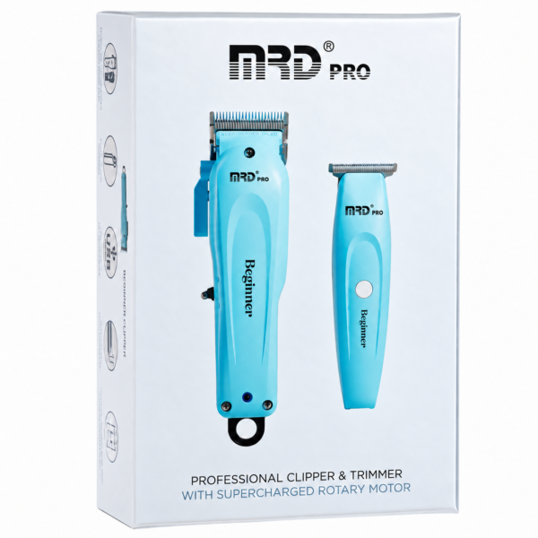 אריזת סט MRD PRO Beginner עם תמונות מכונת תספורת ומכונת פיניש בצבע כחול בהיר