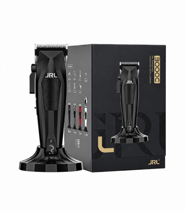 מכונת תספורת JRL 3000C שחורה על מעמד טעינה שחור לצד אריזת המוצר